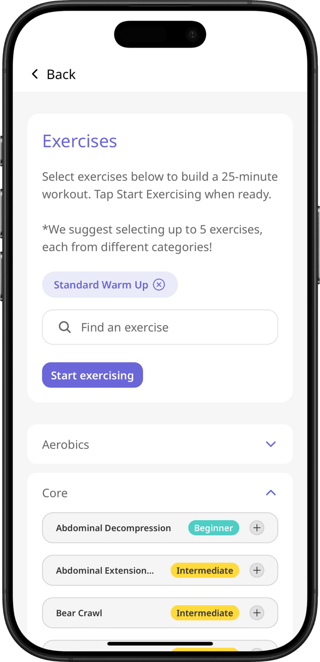 BumptUp app buid your own exercises screen