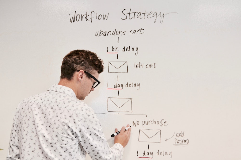 man writing workflow on a whiteboard
